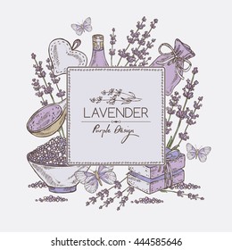 Background with lavender, essential oil,  soap and butterfly. hand drawn
