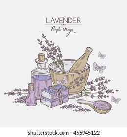 Background with lavender, essential oil, soap and butterfly. hand drawn