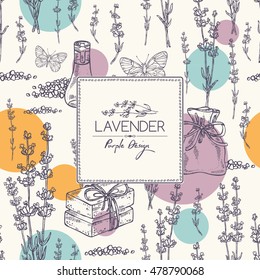 Background with lavender, essential oil, soap and butterfly. hand drawn