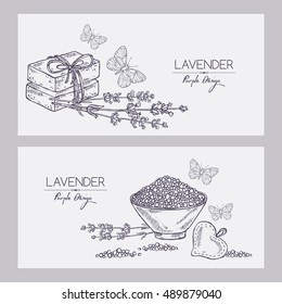 Background with lavender, essential oil, soap and butterfly. hand drawn