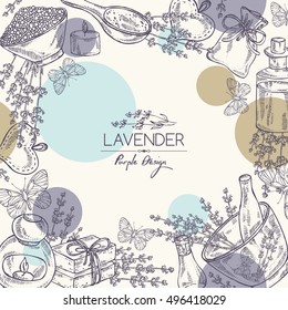 Background with lavender, essential oil, soap and butterfly. hand drawn