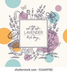 Background with lavender, essential oil, soap and butterfly. hand drawn
