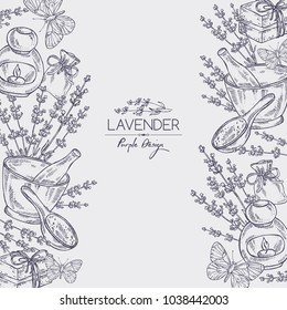 Background with lavender, soap, butterfly and lavender essential oil. Vector hand drawn illustration