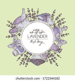 Background with lavender: twig, lavender flowers, essential oil, soap and bath salt. Perfumery, cosmetics and medical plant. Vector hand drawn illustration