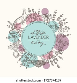 Hintergrund mit Lavendel: Zweig, Lavendelblumen, ätherisches Öl, Seife und Badesalz. Parfümerie, Kosmetik und Medizintechnik. Vektor-Handbild