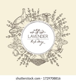 Background with lavender: twig, lavender flowers, essential oil, soap and bath salt. Perfumery, cosmetics and medical plant. Vector hand drawn illustration