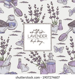 Background with lavender: twig, lavender flowers, essential oil, soap and bath salt. Perfumery, cosmetics and medical plant. Vector hand drawn illustration