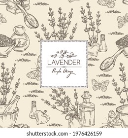 Background with lavender: twig, lavender flowers, essential oil, soap and bath salt. Perfumery, cosmetics and medical plant. Vector hand drawn illustration