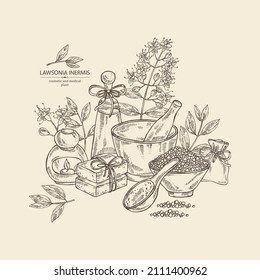 Background with lawsonia inermis: plant, leaves of lawsonia, bath salt, soap and beauty products. Cosmetic, perfumery and medical plant. Vector hand drawn illust