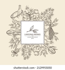 Background with lawsonia inermis: plant, leaves of lawsonia, bath salt, soap and beauty products. Cosmetic, perfumery and medical plant. Vector hand drawn illust