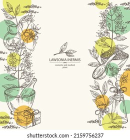 Background with lawsonia inermis: plant, leaves of lawsonia, bath salt, soap and beauty products. Cosmetic, perfumery and medical plant. Vector hand drawn illust