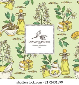 Background with lawsonia inermis: plant, leaves of lawsonia, bath salt, soap and beauty products. Cosmetic, perfumery and medical plant. Vector hand drawn illust