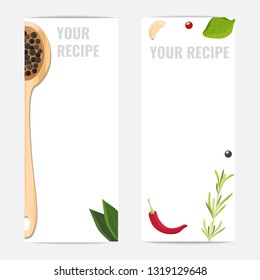 Background layout for recipes, menu. Banners for cooking Studio, cooking school, home cooking. Wooden spoon and spices. Vector illustration.