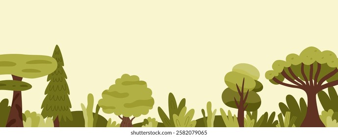 Background leaf and nature plant summer background. Green forest banner design. Summer or spring trees and shrubs. Flat vector illustration.