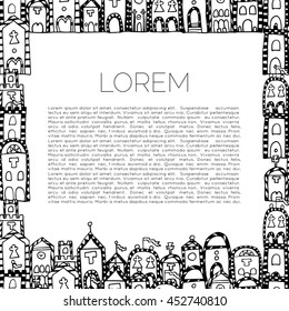 Background for leaflet, brochure. Vector seamless frame for coloring book. Background with italian houses. Endless zentangle frame.