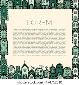 Background for leaflet, brochure. Vector seamless pattern for coloring book. Background with italian houses. Endless zentangle print. Architecture print.