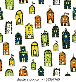 Background for leaflet, brochure. Vector seamless pattern for coloring book. Background with italian houses. Endless zentangle print. Architecture print.