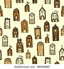 Background for leaflet, brochure. Vector seamless pattern for coloring book. Background with italian houses. Endless zentangle print. Architecture print.