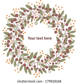 Background with leafs, flowers and place for text. Cute cartoon style. Hand drawing. Vector template. Vintage style.