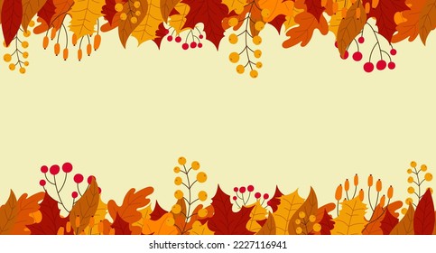Background with leaves and berries in the fall. Hello autumn seamless banner with orange and red leaves. Vector illustration