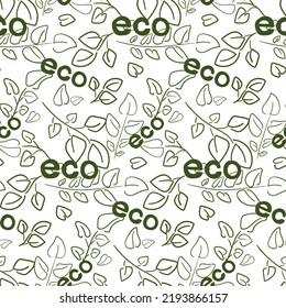 Fondo de hojas y ramas sobre un fondo liviano con la inscripción ECO. Esbozo claro del follaje con texto. Motivos de hojas y ramas sobre un tema ecológico. Para la impresión de embalajes, textiles.