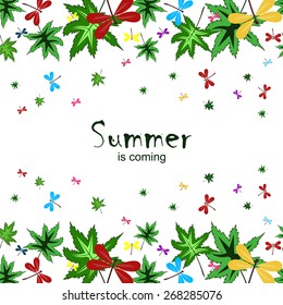 The background with leaves and dragonflies. Invitation card with the text "Summer is coming."