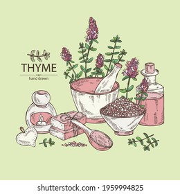 Background with leaves and flowers of thyme and bath salt, soap and beauty products.  Cosmetic, perfumery and medical plant. Vector hand drawn illustration.