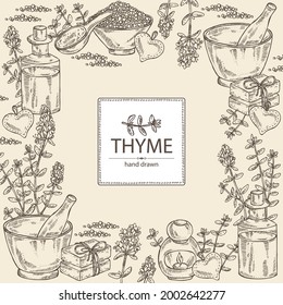Background with leaves and flowers of thyme and bath salt, soap and beauty products.  Cosmetic, perfumery and medical plant. Vector hand drawn illustration.