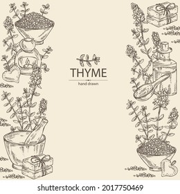 Background with leaves and flowers of thyme and bath salt, soap and beauty products.  Cosmetic, perfumery and medical plant. Vector hand drawn illustration.
