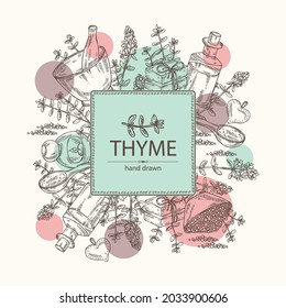 Background with leaves and flowers of thyme and bath salt, soap and beauty products.  Cosmetic, perfumery and medical plant. Vector hand drawn illustration.