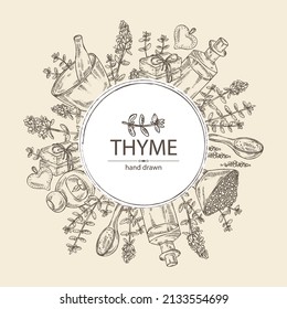 Background with leaves and flowers of thyme and bath salt, soap and beauty products.  Cosmetic, perfumery and medical plant. Vector hand drawn illustration.