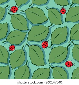 background with leaves and  ladybugs
