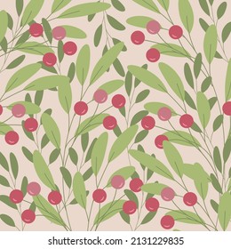 Background leaves with pink berries - vector image