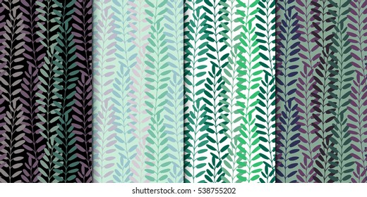 Background with leaves. Vector texture set with hand drawn leaves and plants. Vector pattern. Stylised flat different kind of leaves, natural background.