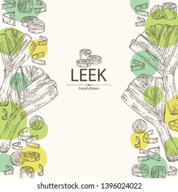 Background with leek: full leek and slices. Vector hand drawn illustration