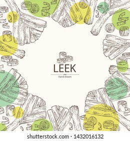 Background with leek: full leek and slices. Vector hand drawn illustration