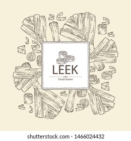 Background with leek: full leek and slices. Vector hand drawn illustration.