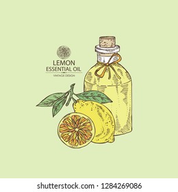 Background with lemon and bottle of essential oil. Cosmetic, perfumery and medical plant. Vector hand drawn 