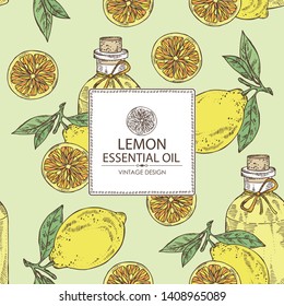 Background with lemon and bottle of essential oil. Cosmetic, perfumery and medical plant. Vector hand drawn