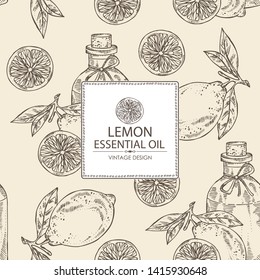 Background with lemon and bottle of essential oil. Cosmetic, perfumery and medical plant. Vector hand drawn