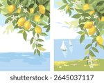 Background with lemon branches and sea. Hand drawn vector illustration in watercolor style, poster or postcard with citrus and Mediterranean landscape.	