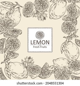 Background with lemon: fruts, lemon flower and lemon slice. Vector hand drawn illustration