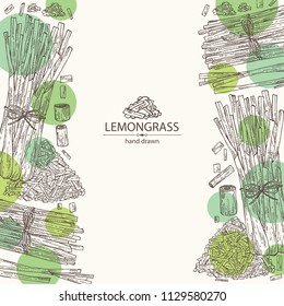 Background with lemongrass: bunch, plant and dry lemongrass. Vector hand drawn illustration.