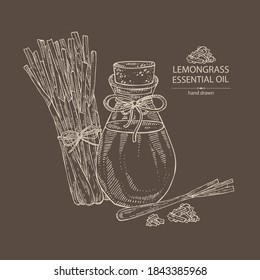 Fondo con planta de limoncilla y botella de aceite esencial de limoncilla. Cosmética, perfumería y planta médica. Ilustración dibujada a mano por vectores.