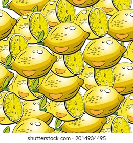 Background with lemons. Hand-drawn overlapping background. Seamless pattern with a collection of citrus fruits. Decorative illustration, good for printing on fabric.