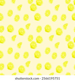 Background with lemons. Juicy yellow lemons. Vector lemons. Fresh fruit. Citrus. Textile sample. Sliced lemon. Seamless pattern with lemons.