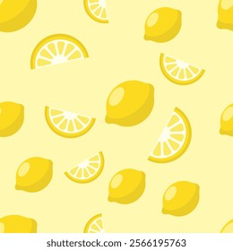 Background with lemons. Juicy yellow lemons. Vector lemons. Fresh fruit. Citrus. Textile sample. Sliced lemon. Seamless pattern with lemons.