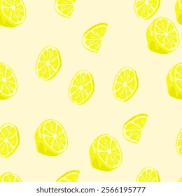 Background with lemons. Juicy yellow lemons. Vector lemons. Fresh fruit. Citrus. Textile sample. Sliced lemon. Seamless pattern with lemons.