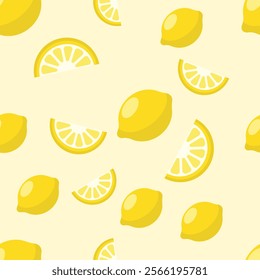 Background with lemons. Juicy yellow lemons. Vector lemons. Fresh fruit. Citrus. Textile sample. Sliced lemon. Seamless pattern with lemons.
