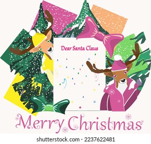 Background with letter to santa claus, with reindeer standing next to it, behind the Christmas tree, falling snow. Vector illustration, isolated on white background